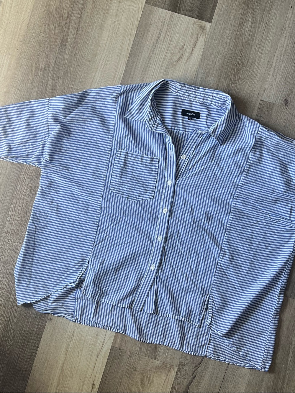 ME+EM Lightweight Cropped Boxy Button Down Shirt Blue Stripe size 10 - Picture 9 of 10